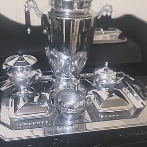 Antique Foreman Percolator with sugar, creamer and butter holder, cup small tray